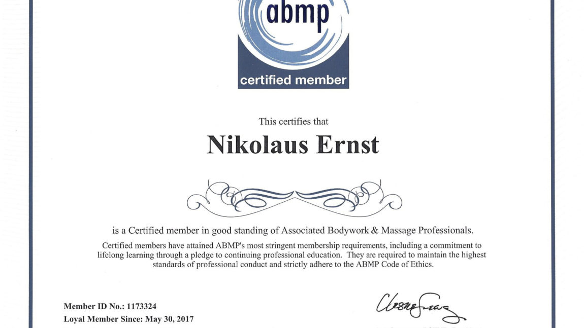 Certified Member of Associated Bodywork and Massage Professionals